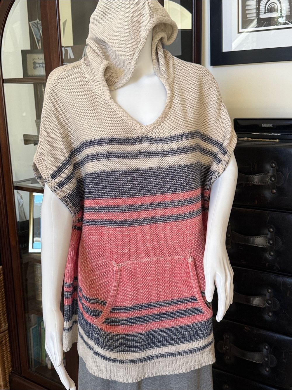 Cloud Chaser Hooded Knit Poncho in Cream, Coral & Navy